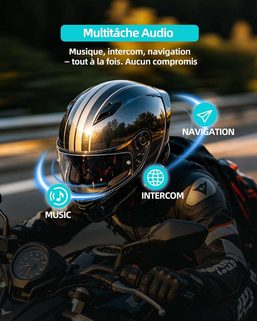 BLAISE V6 Plus Intercom Moto Bluetooth, Système de Communication Casque, 2 Voies pour 2 Motards & Jusqu’à 6 Appairés, Portée 1000 m, Bluetooth 5.3, Réduction de Bruit, Partage de Musique,Unique Pack