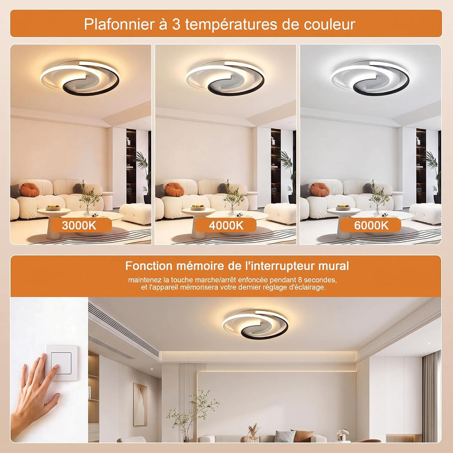 Plafonnier LED Moderne 3000K/4000K/6000K - Lampe Cercle 2 Anneaux 33W pour Salon, Chambre, Bureau, Cuisine, Couloir, Longueur 40cm, Noir+Blanc