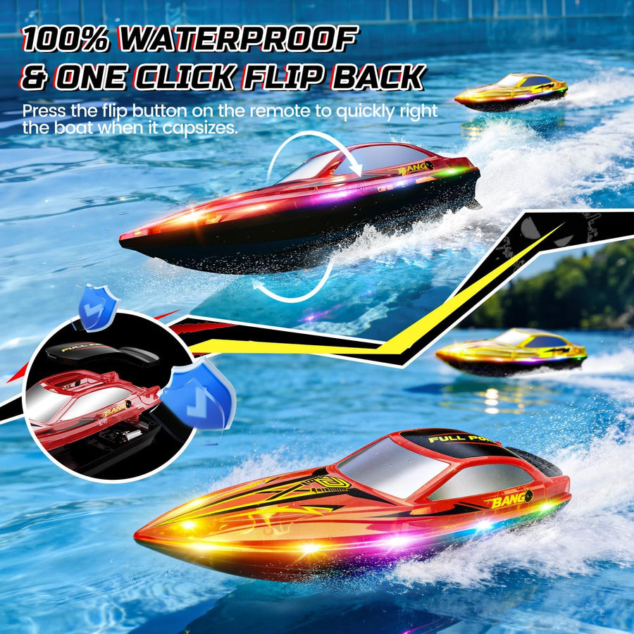 Jouet Lot de 2 Bateau Télécommandé Enfants, Bateau RC Rapide avec 4 Batteries Rechargeables, Jusqu'à 120 Min d'Autonomie, 7 Modes d'Éclairage LED, Redressement Automatique, 2,4 GHz Piscine et Lac