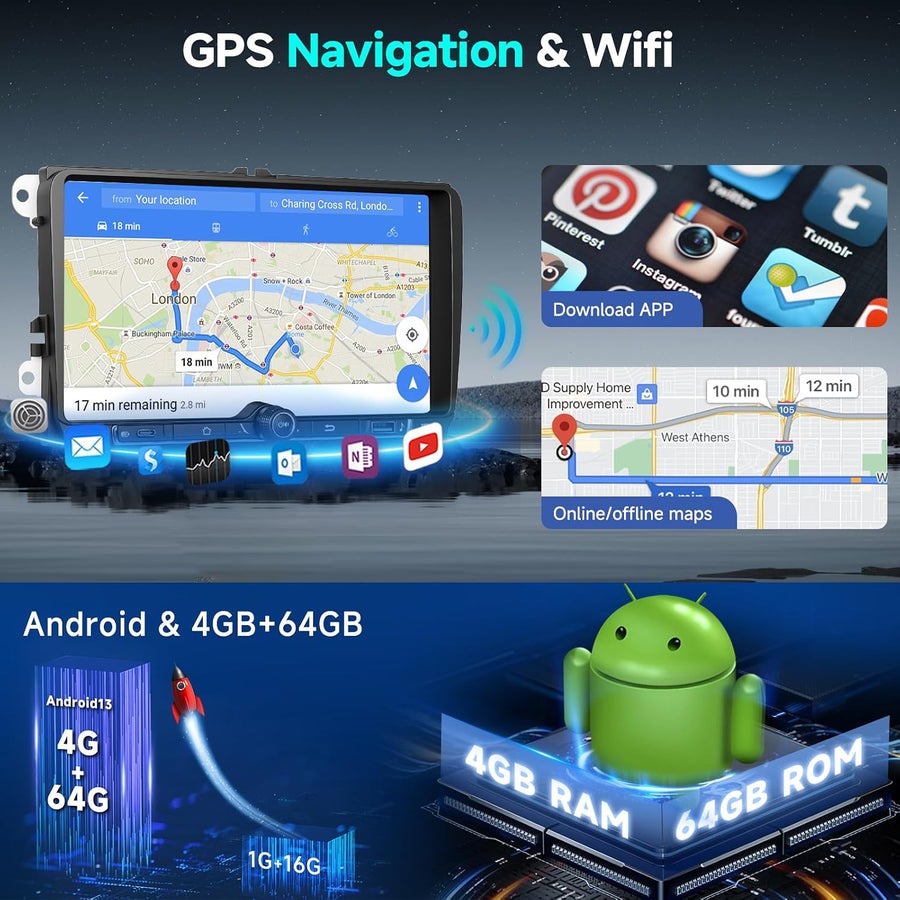 Autoradio Android 4G+64GB pour VW Seat Altea Toledo Leon Skoda Fabia Passat Radio CarPlay Android Auto sans Fil, 9 Pouces Écran Tactile Radio 2 DIN GPS, WiFi, DSP FM/RDS Bluetooth+ Caméra