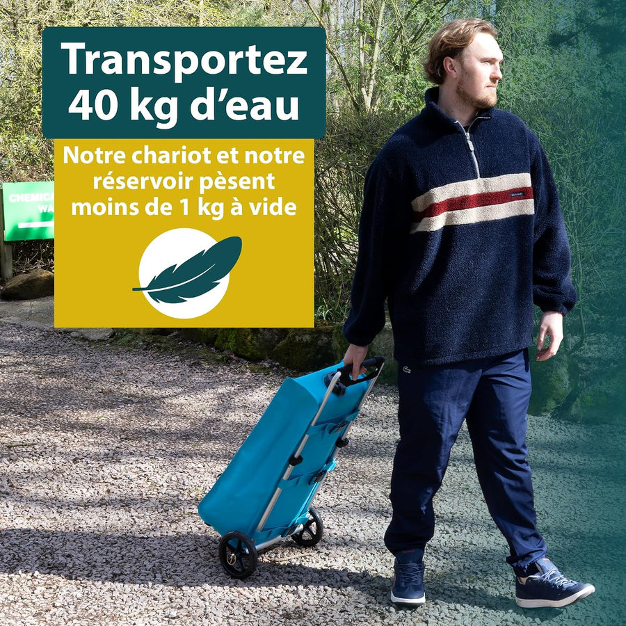 Porte-Eau Douce avec Chariot 40L – Réservoir d'eau Peu encombrant pour caravanes et Camping-Cars sans BPA – Compatible avec Flexipipes