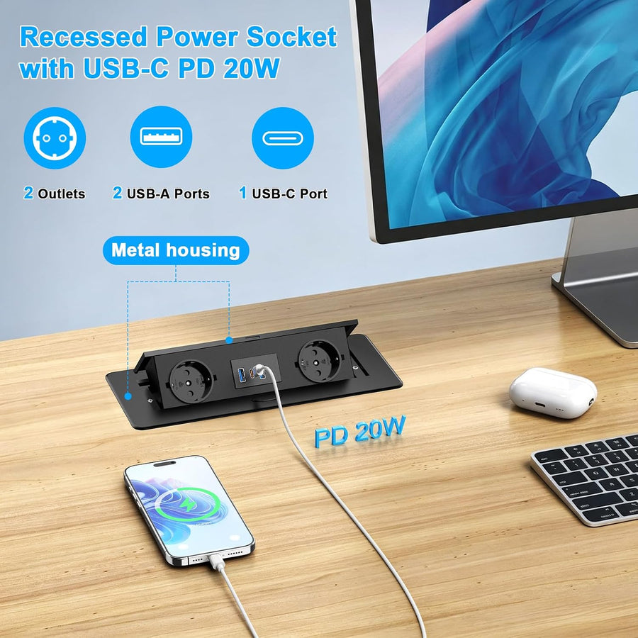 Prise Encastrable Plan de Travail, USB-C PD 20W, 2 Prises, Noir Multiprise Encastrable 2 prises, USB-C PD 20W, 2 USB-A 18W, boîtier métal, pour bureau, table de réunion et plan de travail