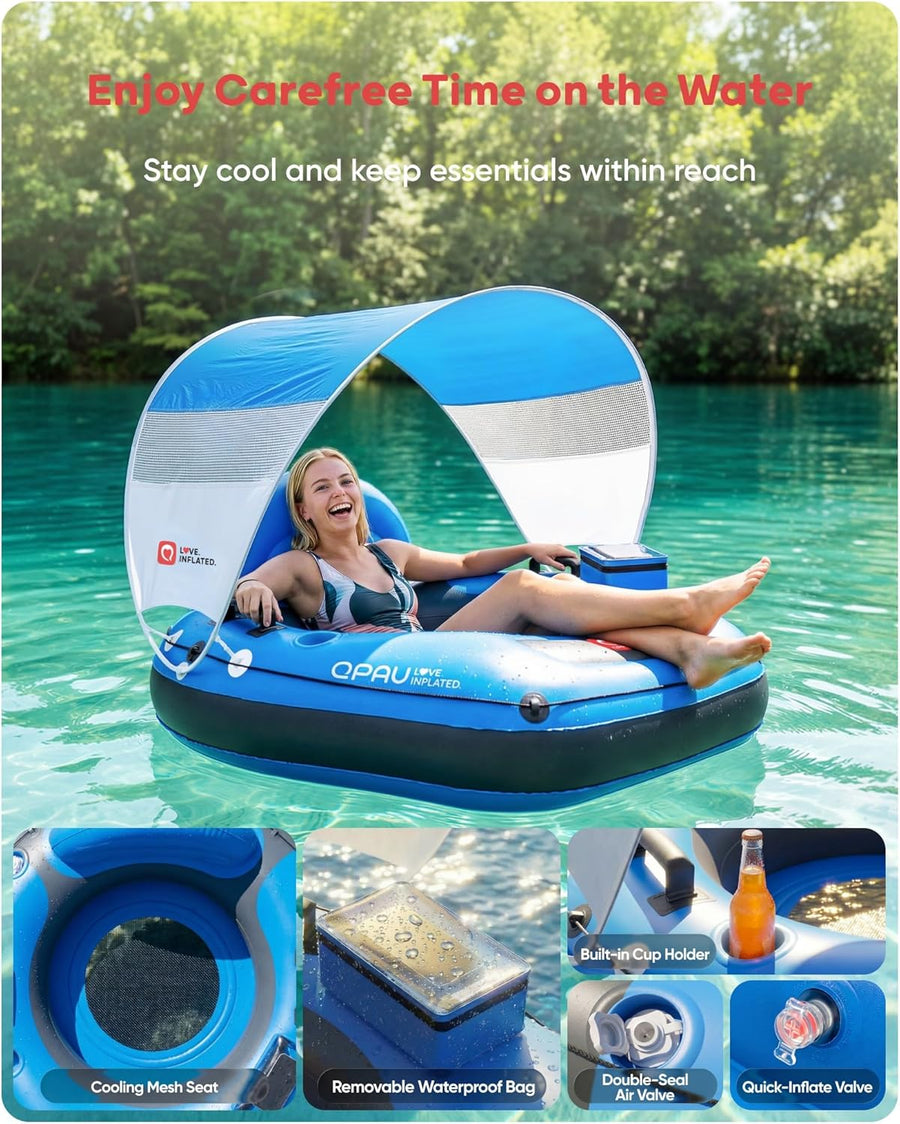 Tube de rivière gonflable de 116,8 cm avec auvent pare-soleil amovible, tube flottant robuste pour adultes, repose-jambes et dossier ergonomiques, sac imperméable et porte-gobelets BLEU