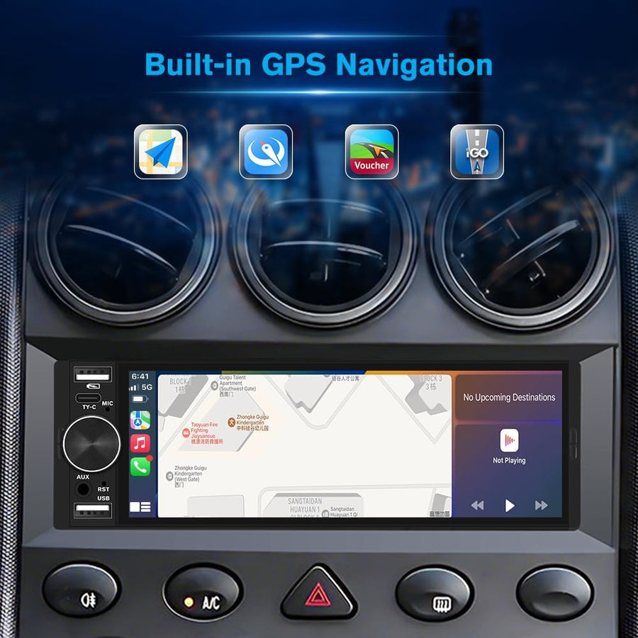 Autoradio 1 DIN avec Écran Tactile 6,36", Compatible CarPlay & Android Auto, Bluetooth, GPS, FM, Charge Type-C, 2 USB, Microphone, Égaliseur, Commandes au Volant