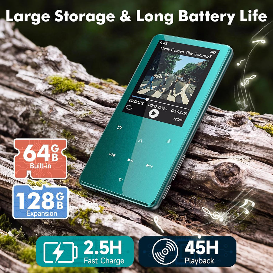 Lecteur MP3 Bluetooth 5.3 64Go écran 2,4" Touches tactiles Haut-Parleur Boîtier en métal, 45 h d'autonomie, 18 sons relaxants, radio FM, extensible jusqu'à 128Go