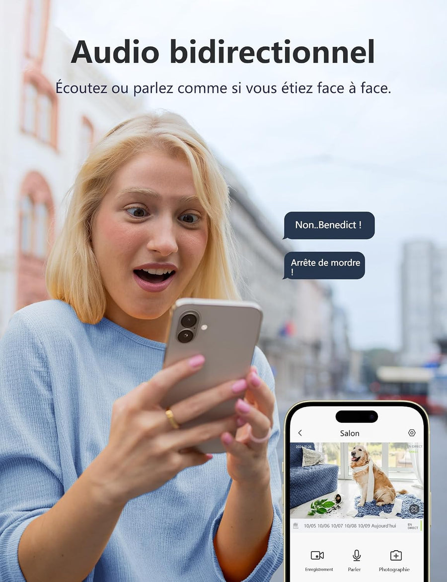 Lot de x2 Caméra Surveillance WiFi Intérieure 2K 3MP Bébé/Animaux Noir 2.4/5GHz, Vision Nocturne Infrarouge, SD/Cloud, 360° PTZ, Audio Bidirectionnel, Détection de Mouvement, Alarme