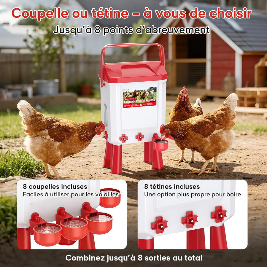 Abreuvoir Poules Automatique 10 litres avec Pieds, 8 Bols, Flotteur Filtré Contrôlé