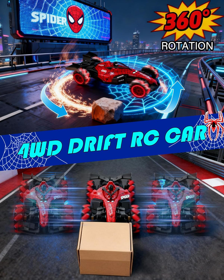 Voiture Radiocommandée Enfant – Voiture RC Rechargeable 4x4 Drift, Échelle 1:18 Design F1 Motif Araignée, Rotation 360°, avec Effet de Vapeur, Sons et Lumières LED, Télécommande 2.4GHz