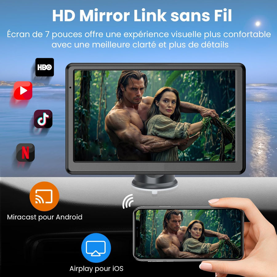 Écran Voiture 7 Pouces avec Caméra de Recul, CarPlay sans Fil Android Auto | Portable Autoradio de Voiture avec Commande Vocale, Navigation GPS, FM, MirrorLink, Bluetooth Appels avec Mains Libres, AUX