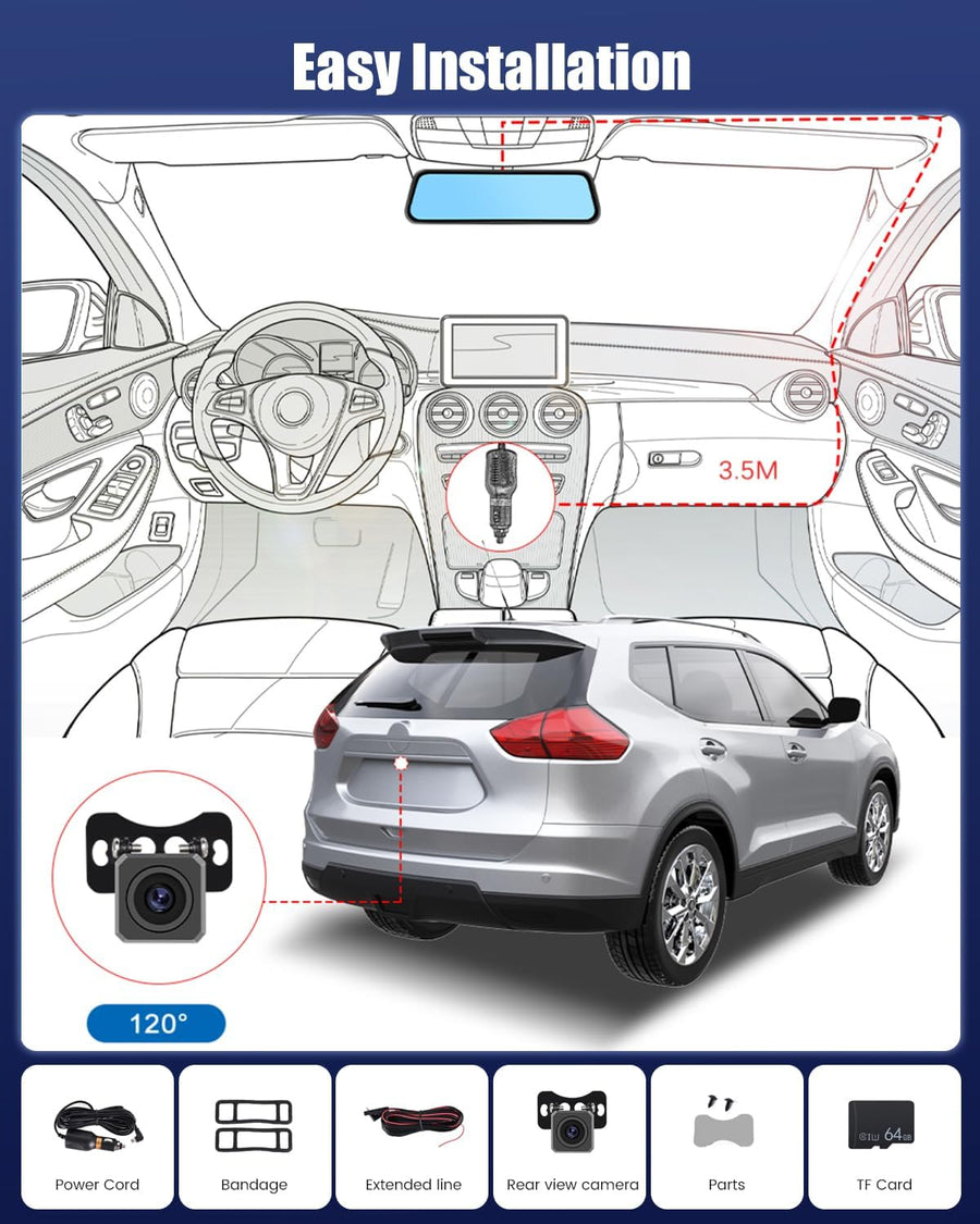 Dashcam Rétroviseur 1080P Avant et Arrière, Écran 9,7 Pouces Caméra Embarquée pour Enregistrer les Trajets, Renforcer la Visibilité et Faciliter les Manœuvres Quotidiennes en Voiture