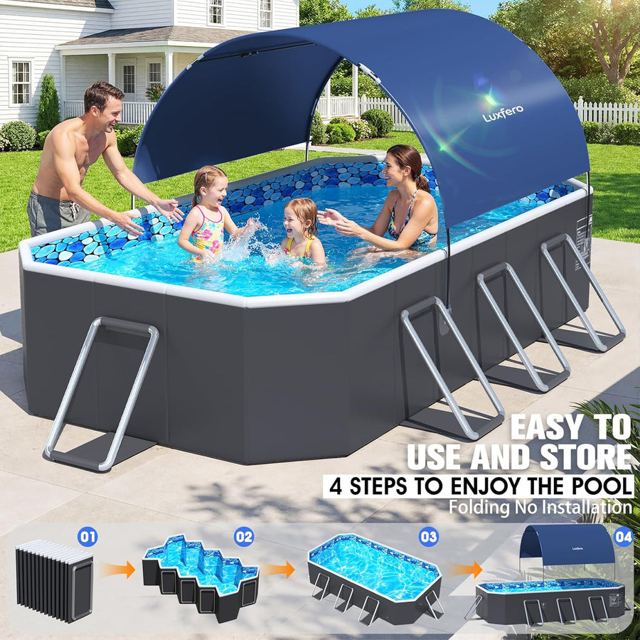 Piscine Rectangulaire Tubulaire avec Auvent, Piscine hors sol Pliable Grande, Metal Frame Piscine Tubulaire Épaissi, Facile à Ranger&Épuisement Piscine pour Jardin et Famille,228 x 127 x 50 cm