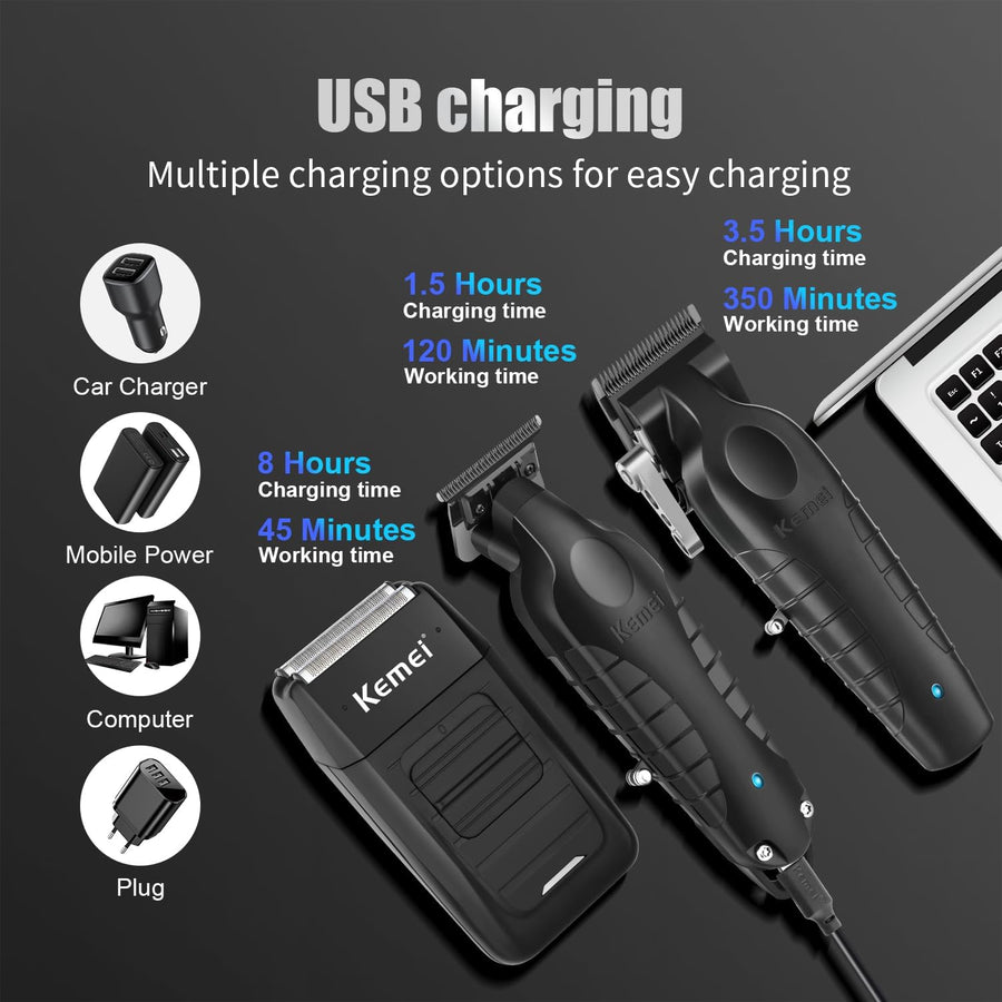 Tondeuse à cheveux professionnelle pour homme, tondeuse à cheveux sans fil et rasoir en aluminium, tondeuse de barbier avec grande batterie de 2500 mAh, type R réglable, base de charge