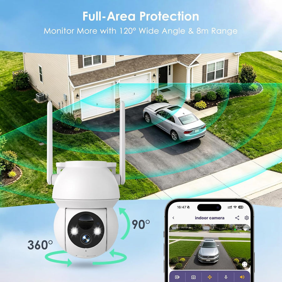 Caméras de sécurité solaires d'extérieur sans fil, caméra PTZ WiFi à 360° avec panneau solaire, vision nocturne couleur HD 1080p, détection humaine AI, audio bidirectionnel, étanchéité IP66