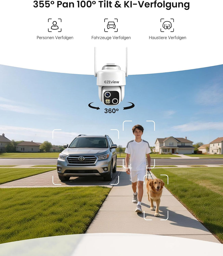 Camera 3K Surveillance WiFi Extérieure Solaire sans Fil, 18x Zoom, Double Objectif, Enregistrement Vidéo Continu, 360°PTZ, Suivi Automatique, Détection 30m, Vision Nocturne, IP65, 2.4GHz