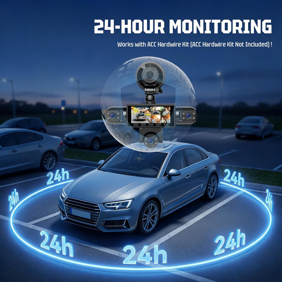 Caméra embarquée 5 canaux 1080P Avant arrière intérieur, écran IPS 3,16" | Dashcam Voiture 360 Degrés, surveillance de stationnement 24 heures, capteur G, enregistrement en boucle, installation facile