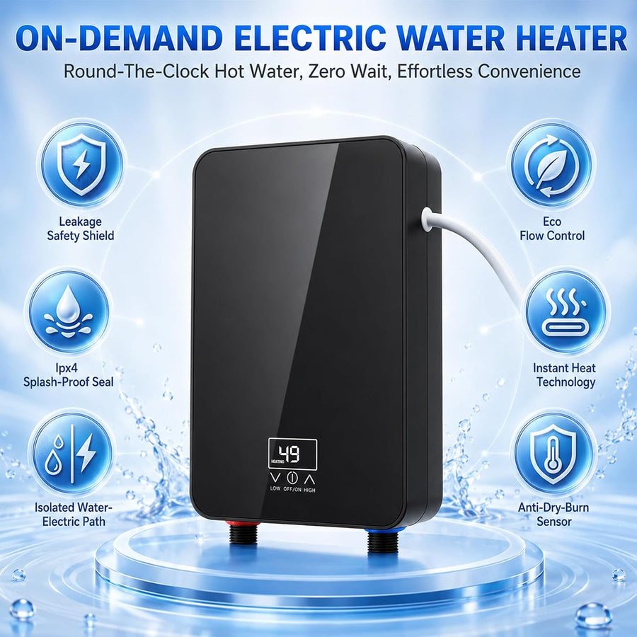 Mini Chauffe Eau Instantané 6000W, Chauffe Eau Électronique avec Écran LED Ballon Sous Évier Compact 230V, Mini Chauffe Eau Électrique Instantané IPX4, pour Cuisine Salle de Bain et Douche