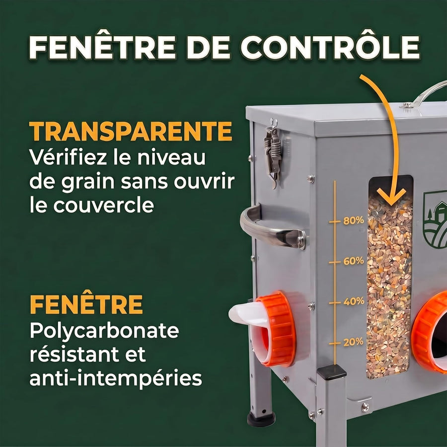 Mangeoire Poules Anti-Nuisible Grande Capacité 18 kg / 30 L – Distributeur de Graines Automatique Acier Galvanisé, 6 Ports & Fenêtre de Niveau – Mangeoire Poule Extérieur Poulailler