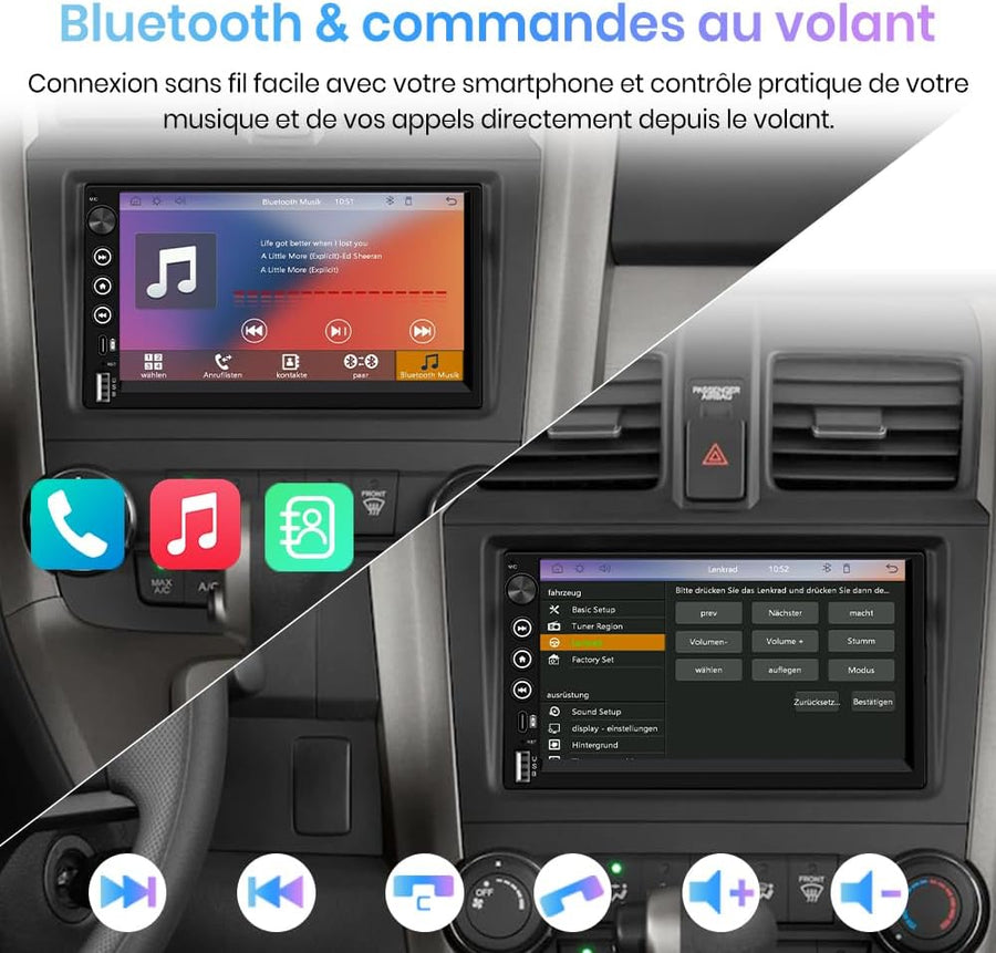 Autoradio 2 DIN Universel avec CarPlay & Android Auto sans Fil Bluetooth, GPS, FM, USB, Type-C, Commandes au Volant, Écran Tactile