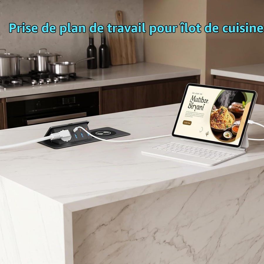 Alpheus Prise Encastrable Plan de Travail, Charge sans Fil 15W, USB-C1 30W 3 USB-C, 3 USB-A, 1 Prise Secteur, Câble 1,8m, pour Bureau, Table de Réunion, Plan de Travail et ilot de Cuisine,10A/2500W