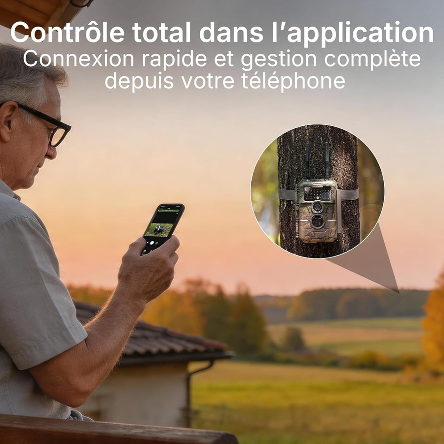 GardePro E6 2.0 Pro 4K Camera de Chasse WiFi, Batterie de 7800 mAh, Portée WiFi de 50 mètres, 64MP Caméra de Chasse Connectée Telephone, Camera Vision Nocturne Animaux Exterieur