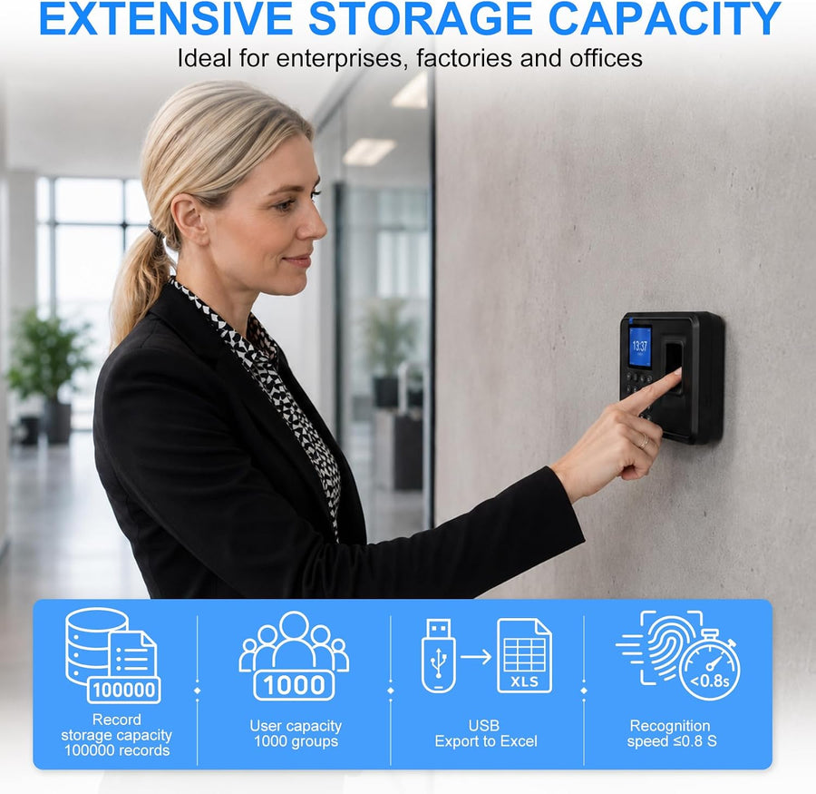 Pointeuse Horaire Personnel pour Petites Entreprises avec Clé USB Pointeuse Biométrique à Empreinte Digitale et Mot de Passe Jusquà 1000 Utilisateurs et 12 Langues, Sans WiFi, 0 Frais Mensuel