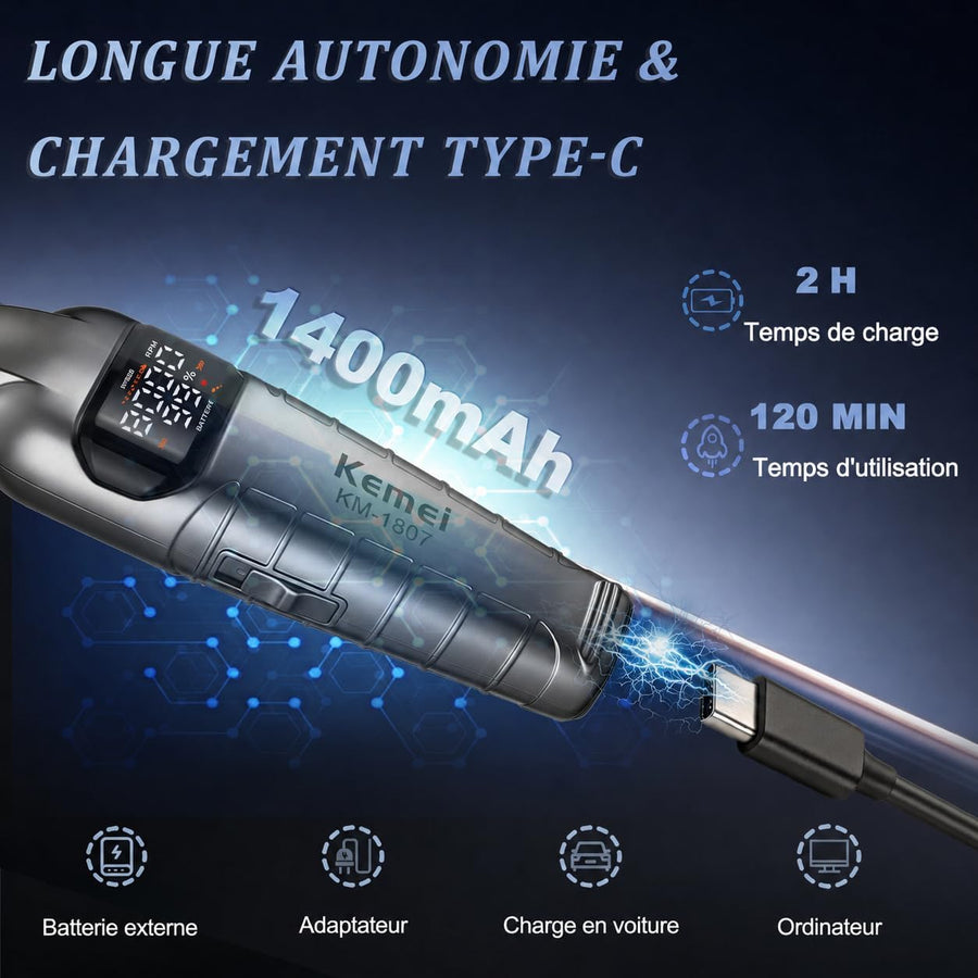 Tondeuse à Cheveux Professionnelle Homme Tondeuse à Barbe Lame DLC Douce, Sans Fil & Écran LED, Moteur 8000tr/min, 4 Sabots