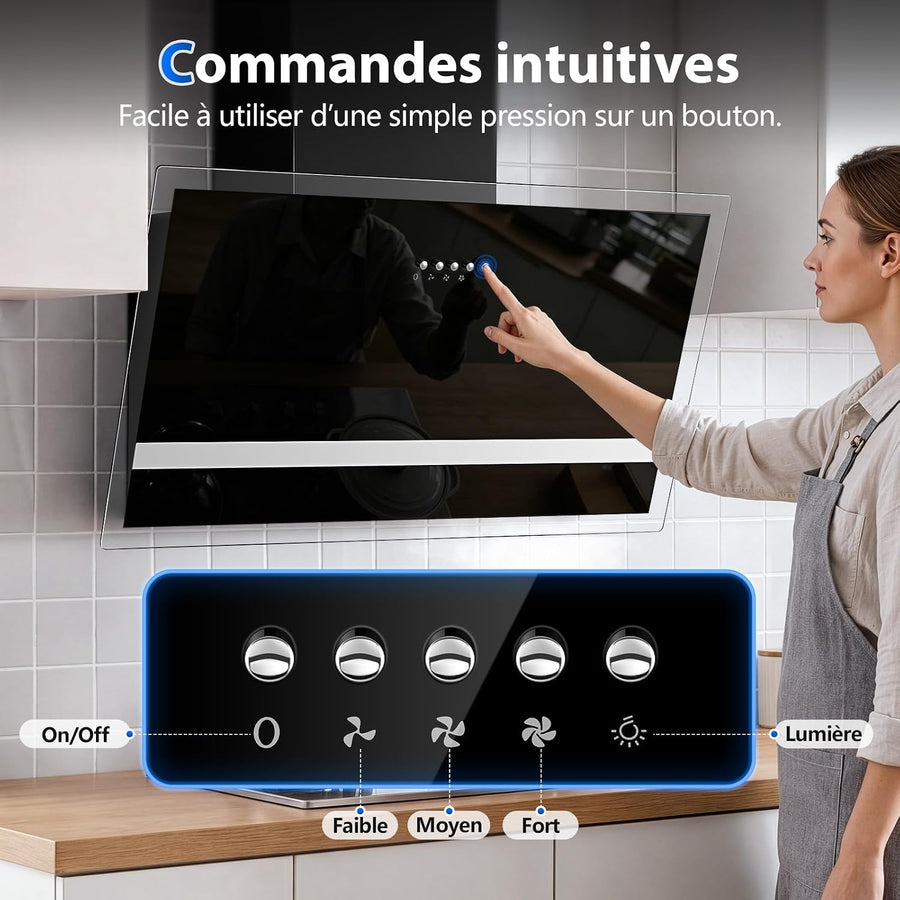 Hotte Aspirante 60cm, 400m³/h, A+++, Sans Balais, Évac/Recycl 3 vitesses mécaniques, Éclairage LED, noir mat/verre, filtre alu 3 couches, kit montage + tuyau alu 1,5 m inclus