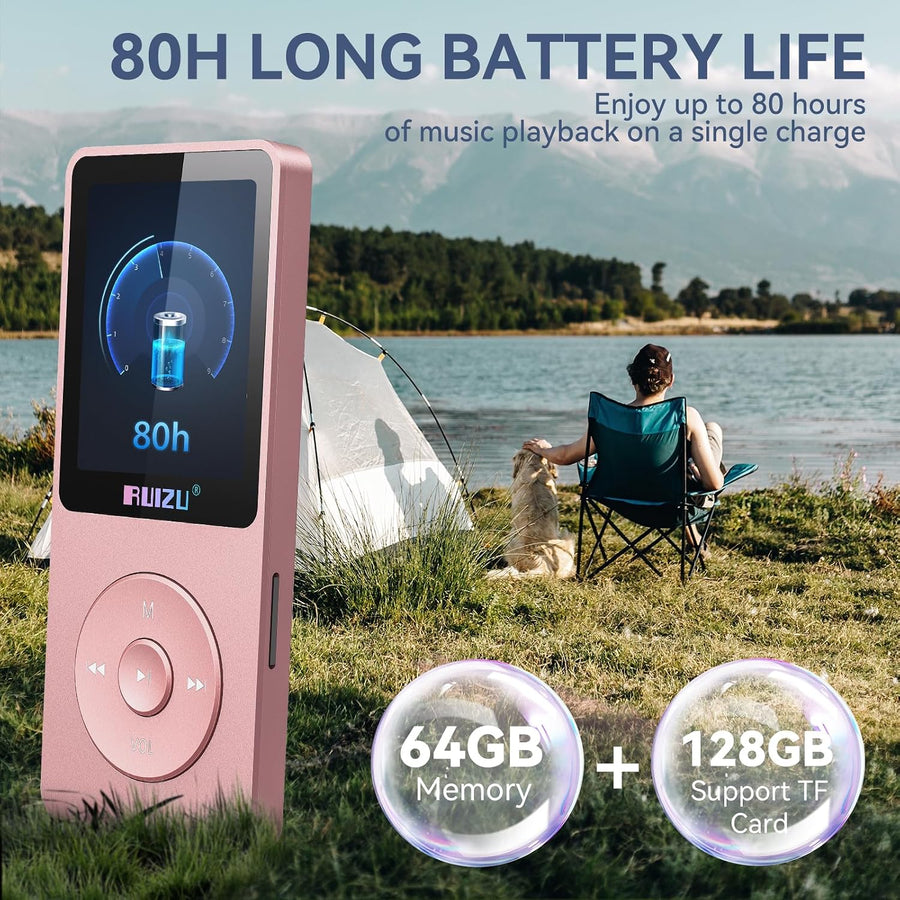 Lecteur MP3 64Go Bluetooth 5.3 Portable avec Touches Physiques | 30g ultra léger, écran 1,8", jusqu'à 80h de lecture, extension MicroSD 128Go pour musique au quotidien