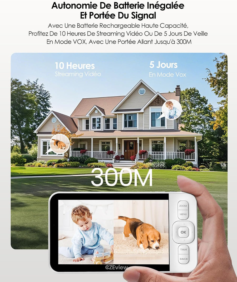 Babyphone avec caméra et application, moniteur vidéo de 5,0 pouces sans Wi-Fi, vision nocturne, audio bidirectionnel, VOX
