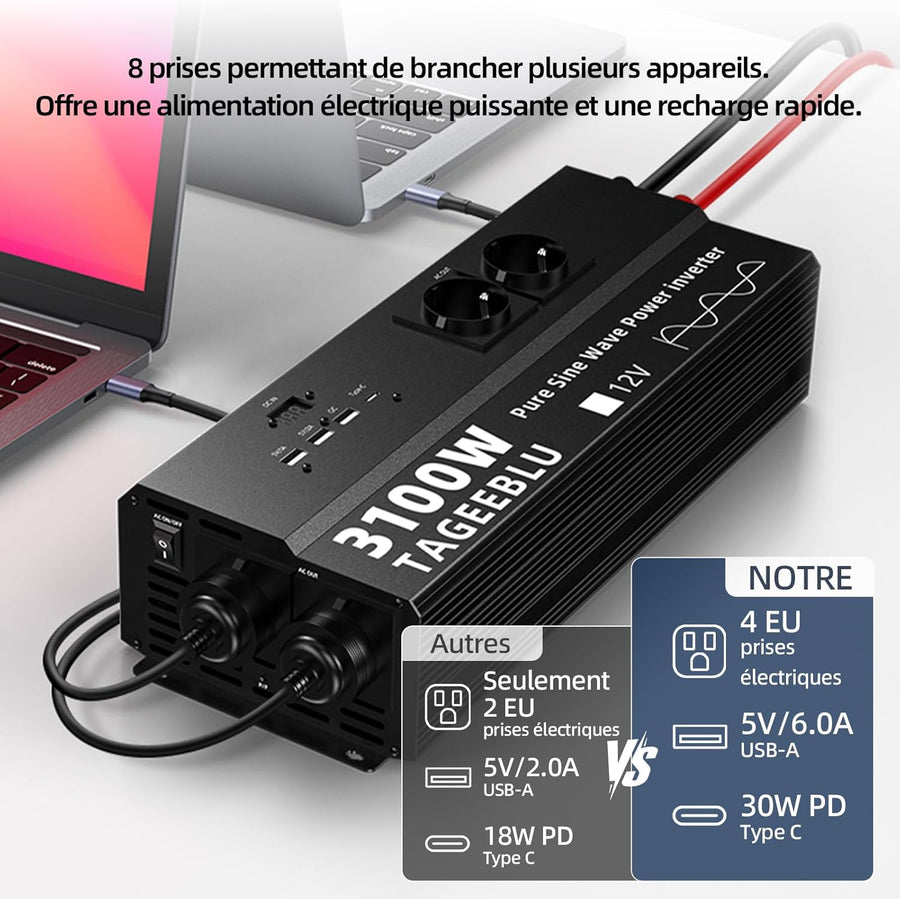 3100W Pur Sinus convertisseur 12v 220v, transformateur 12v 220v avec écran LCD, 4 Prise UE, Type C 30W, Charge Rapide USB 25W, 3 Ports USB