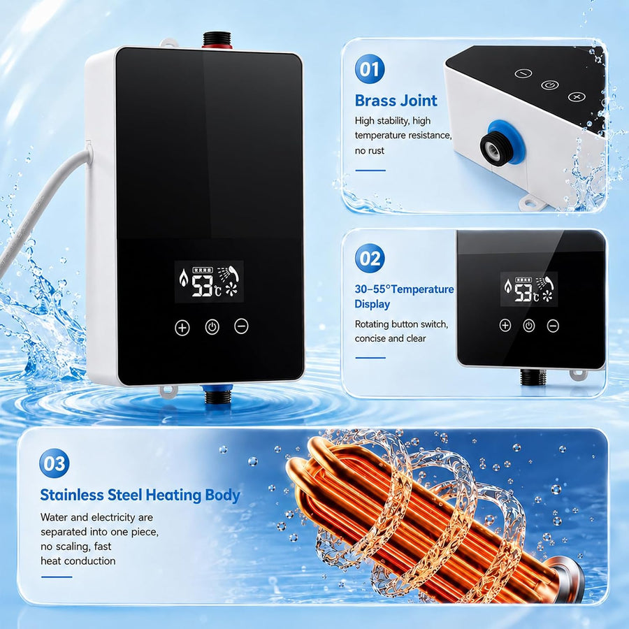 Chauffe-eau instantané 230V 5500W, pour douche et cuisine, avec kit douche complet, affichage LED et régulation électronique, Pour douche, cuisine et salle de bain