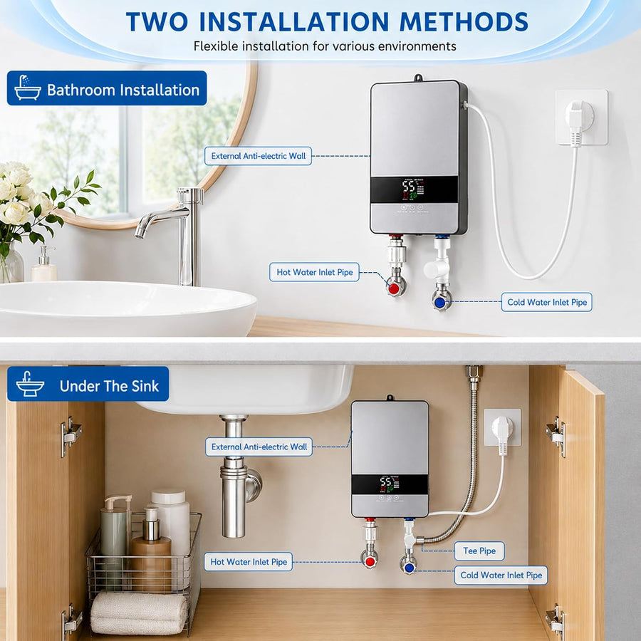 Mini chauffe-eau instantané 6000 W 230 V sous table, contrôle électronique de la température 30-55 °C, écran tactile LED, 8 protections de sécurité, compact pour cuisine, douche, salle de bain