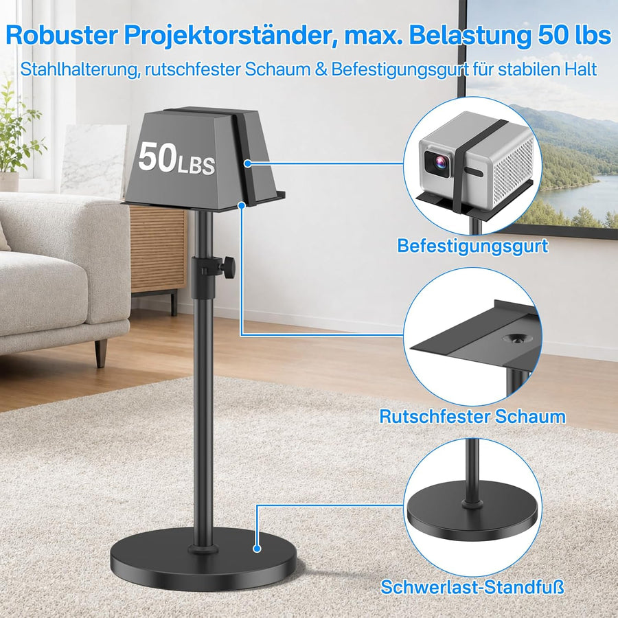 Support universel pour vidéoprojecteur, hauteur réglable sans outil 85-110 cm, gestion des câbles intégrée, métal robuste avec base renforcée, support de projecteur avec sangle de projecteur
