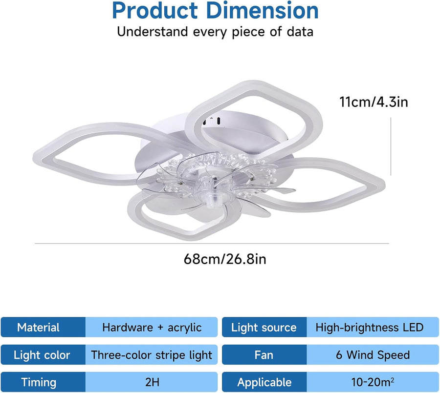 Ventilateur de plafond avec éclairage LED 68 cm, blanc - 6 vitesses, lampe de plafond à intensité variable pour salon et chambre, éclairage et ventilateur commutables séparément