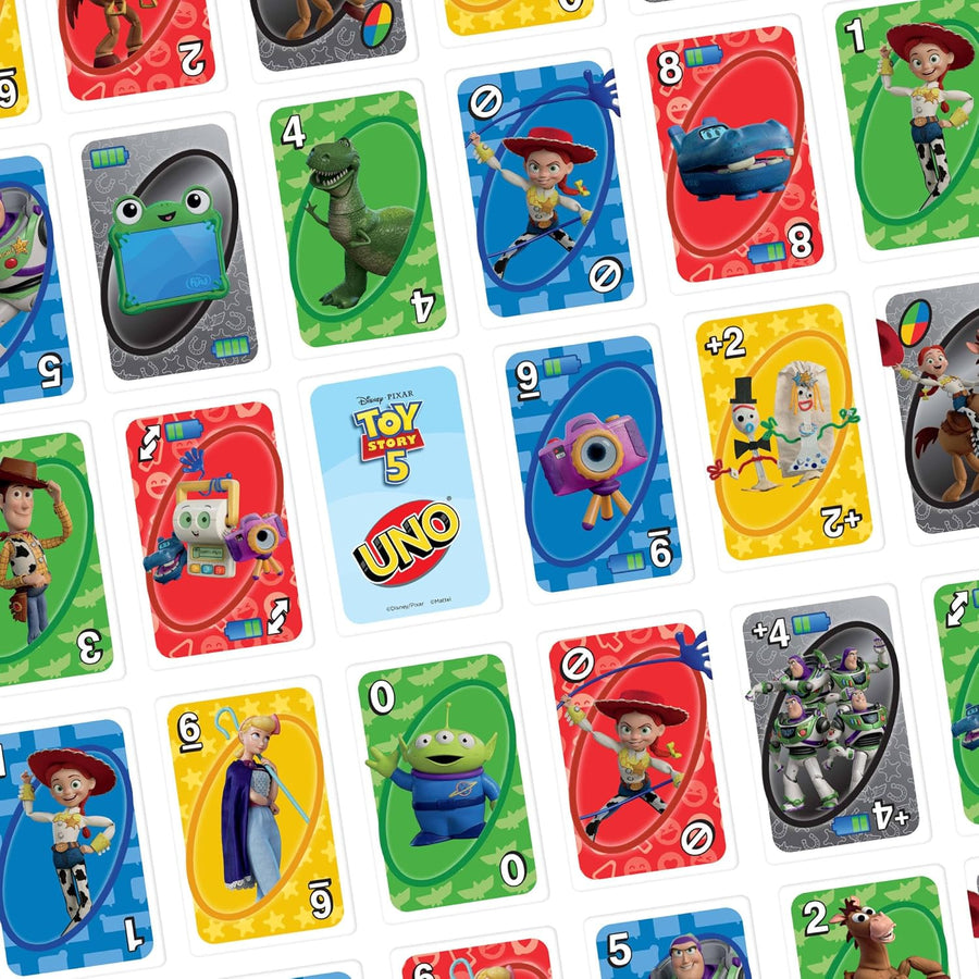 Mattel Games UNO Toy Story 5 de Disney · Pixar avec cartes inspirées des films pour les soirées jeu en famille, les fêtes entre amis, les voyages, Boîte de rangement, 2-10 joueurs 7+