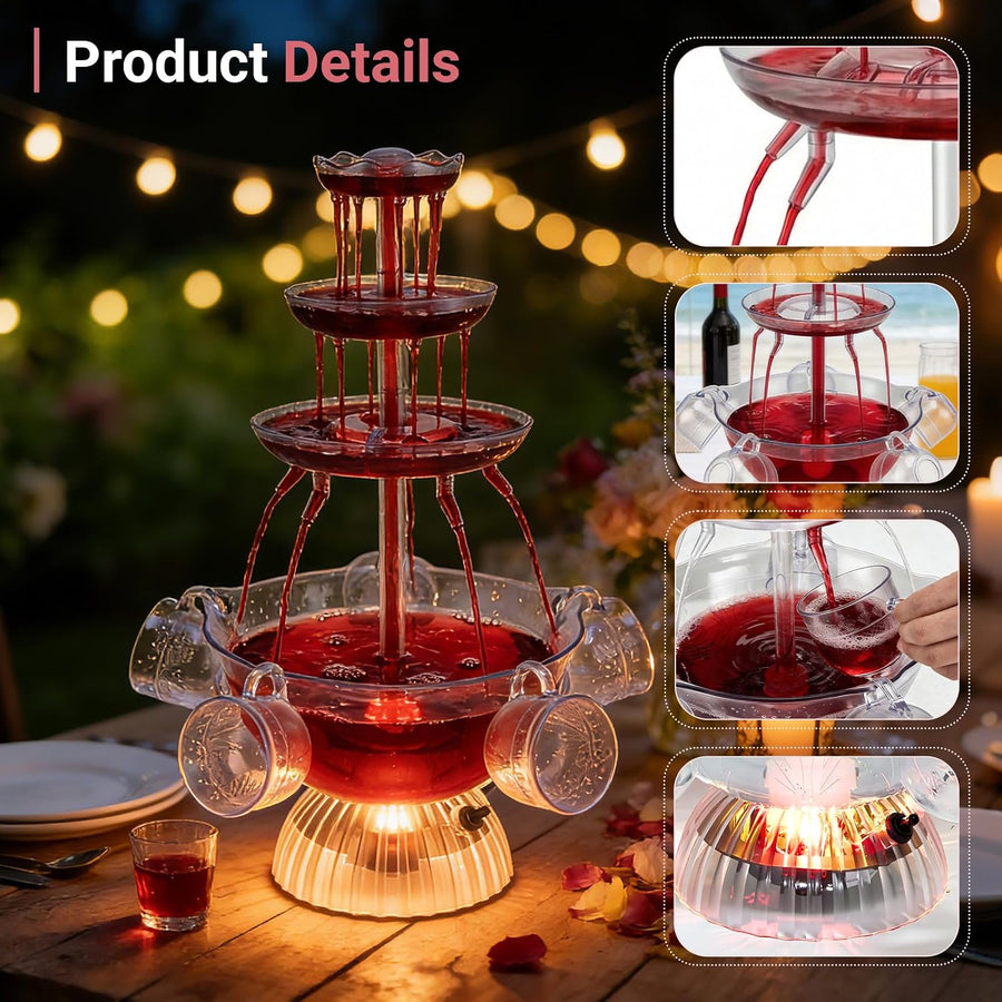 Fontaine de Fête 3 Niveaux avec LED et 5 Verres, pour Vin Rouge Jus Punch 4L Fontaine à Boissons Électrique, Réutilisables Fontaine à Vin Rouge pour Pubs, Fêtes à la Maison et Fêtes d'Anniversaire
