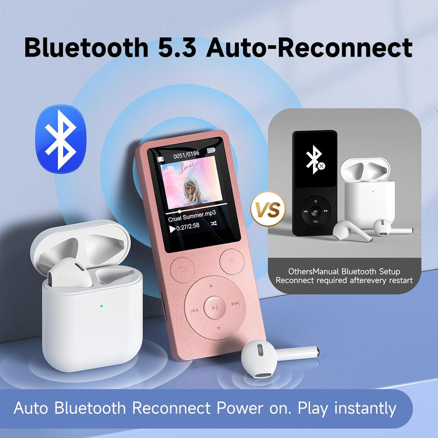 Lecteur MP3 32Go Bluetooth 5.3 - Baladeur Portable 37g avec Boutons Physiques, Haut-Parleur, Radio FM, Enregistreur Vocal, Extension 128 Go Max, Idéal pour Sport, Voyage, Enfants (Écouteurs Inclus)