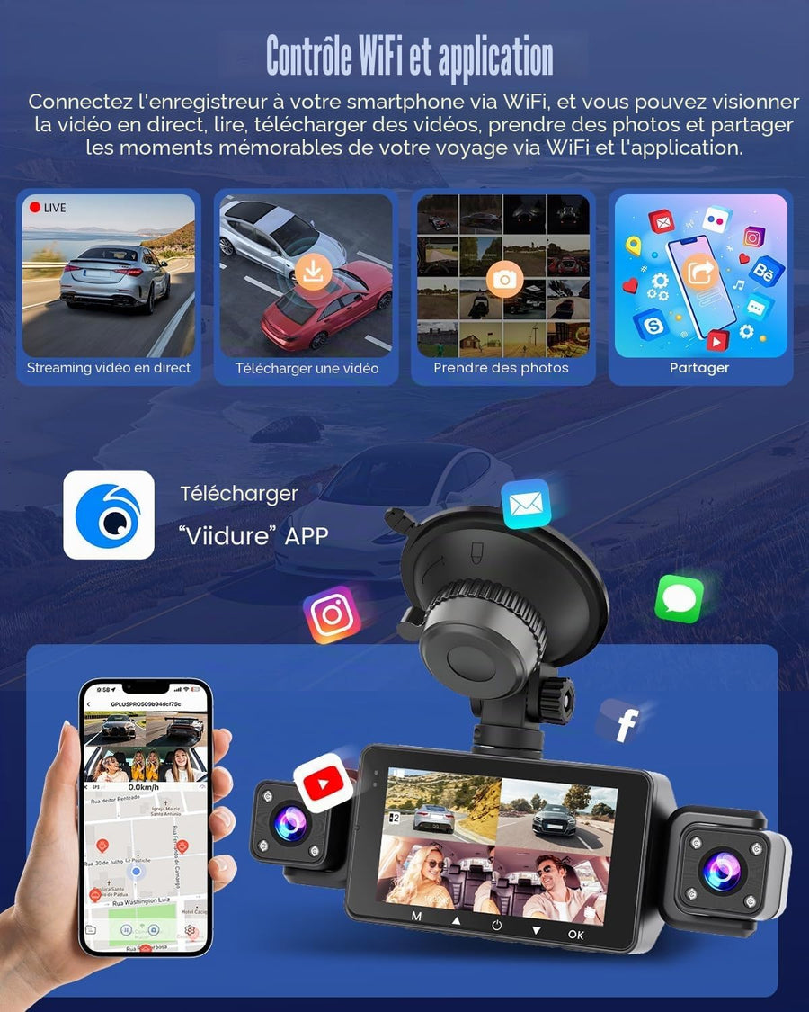 Dashcam Voiture 4 Canaux Avant/Arrière 1080P, Caméra Voiture WiFi avec Carte SD de 64 Go, écran IPS 3", Grand Angle, Vision Nocturne IR 8, Capteur G, Dash Cam Voiture avec Enregistrement en Boucle