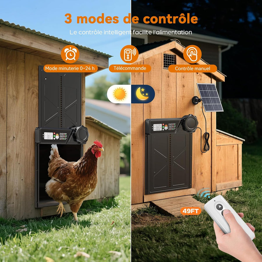 Grande Porte Automatique Poulailler Solaire, Porte Automatique Poulailler en Aluminium avec Minuterie, Télécommande, Fonction Anti-pincement, Écran LCD Étanche