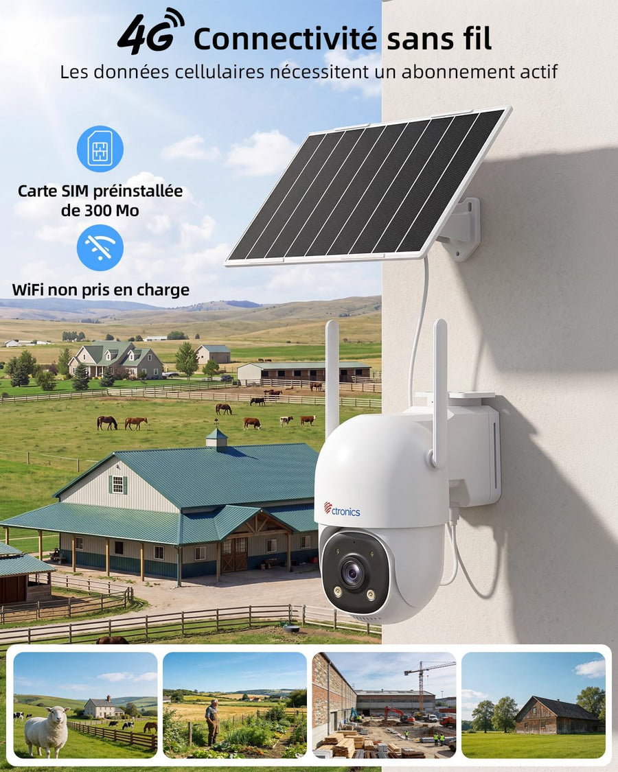 Caméra de Surveillance Suivi Auto 30m, 24/7 AOV Solaire 4G | 8W Panneau Solaire,13500mAh Batterie,Carte SIM incluse,Vision Nocturne ,Détection Humaine–tout sans WiFi,PTZ, IP66