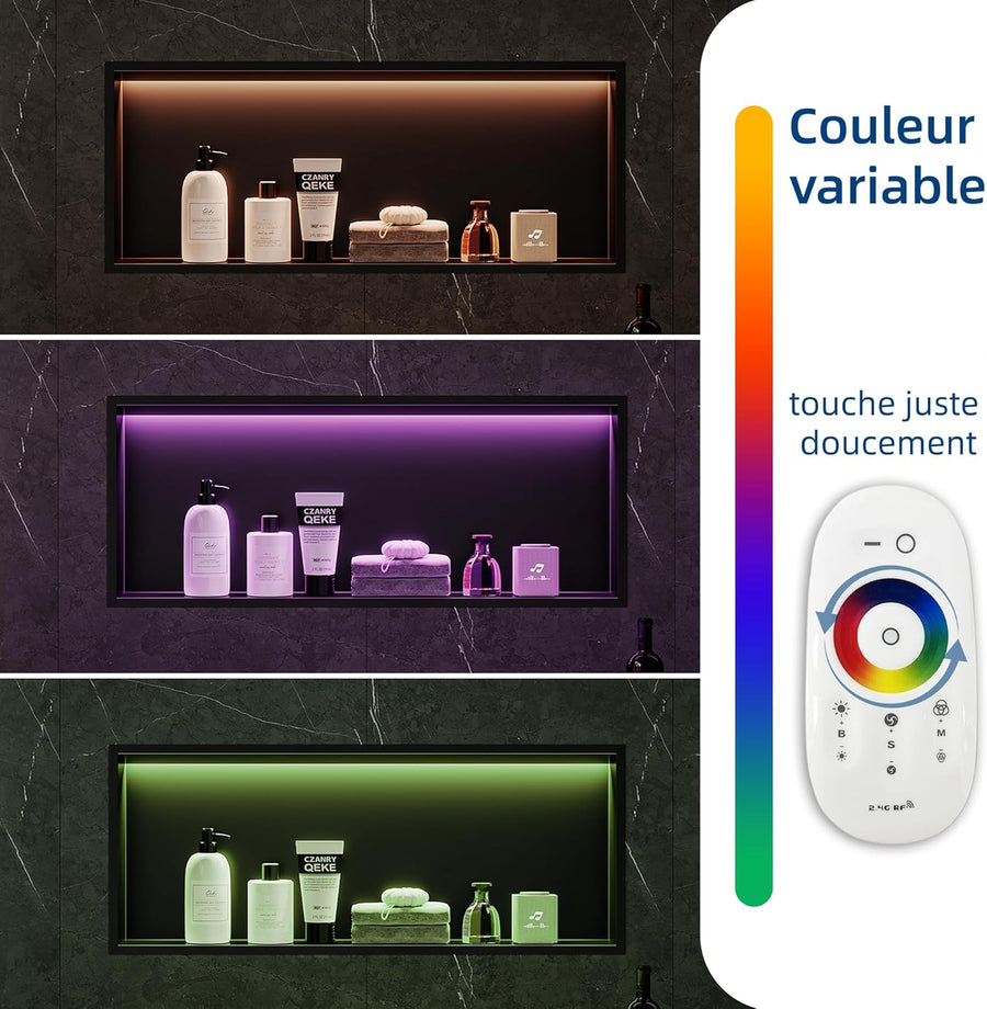 Douche-Niche Inox avec Lumière RGB, Étagères Encastrées avec LED RVB, Pas Besoin de Carrelage Niche Salle de Bain, Couche Unique, 75CM, Noir