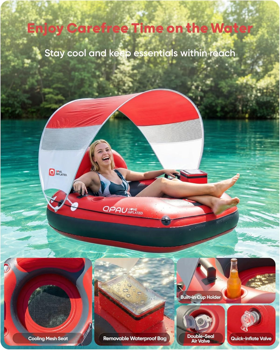 Tube de rivière gonflable de 116,8 cm avec auvent pare-soleil amovible, tube flottant robuste pour adultes, repose-jambes et dossier ergonomiques, sac imperméable et porte-gobelets ROUGE