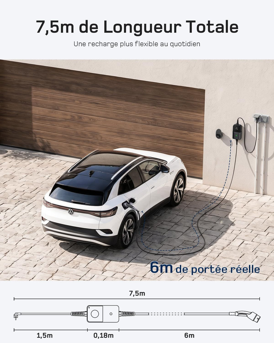 Chargeur Voiture 3.7kW Electrique avec App, 6m Recharge Type 2 6-16A | Chargeur EV Réglable avec Programmation App & écran LCD, Câble 7,5m au total, Compatible Véhicules Type 2 EV&PHEV