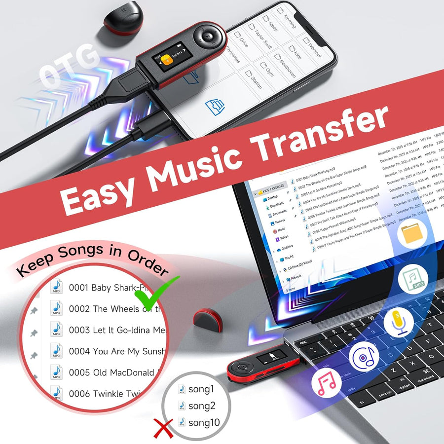 Lecteur MP3 64Go Bluetooth 5.3, Clé USB Plug & Play, Ultra-léger 28g, Boutons Physiques pour Utilisation à l'aveugle, Clip Sport pour Course à Pied, Lecture par Dossier, Radio FM, Enregistreur Vocal