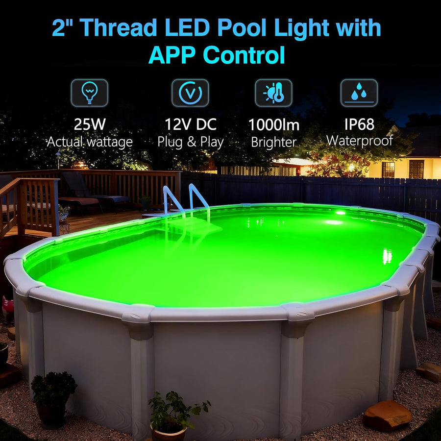 Projecteur Piscine LED 25W avec Filetage 2", 12V RGB Spot pour Piscines Hors-Sol Acier, Contrôle APP et Dimmable, Étanche IP68 Eclairage Lampe Remplie Résine pour Piscines avec Câble 9,5 m
