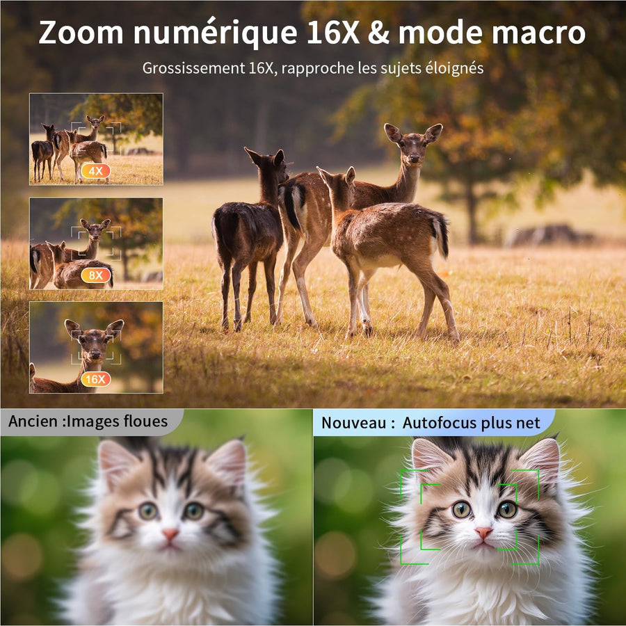 Appareil Photo Numérique 4K Compact 2,8" Écran Pivotant 180° Bleu Zoom 16X, batterie 1500mAh, Camera Vlog, Carte TF incluse