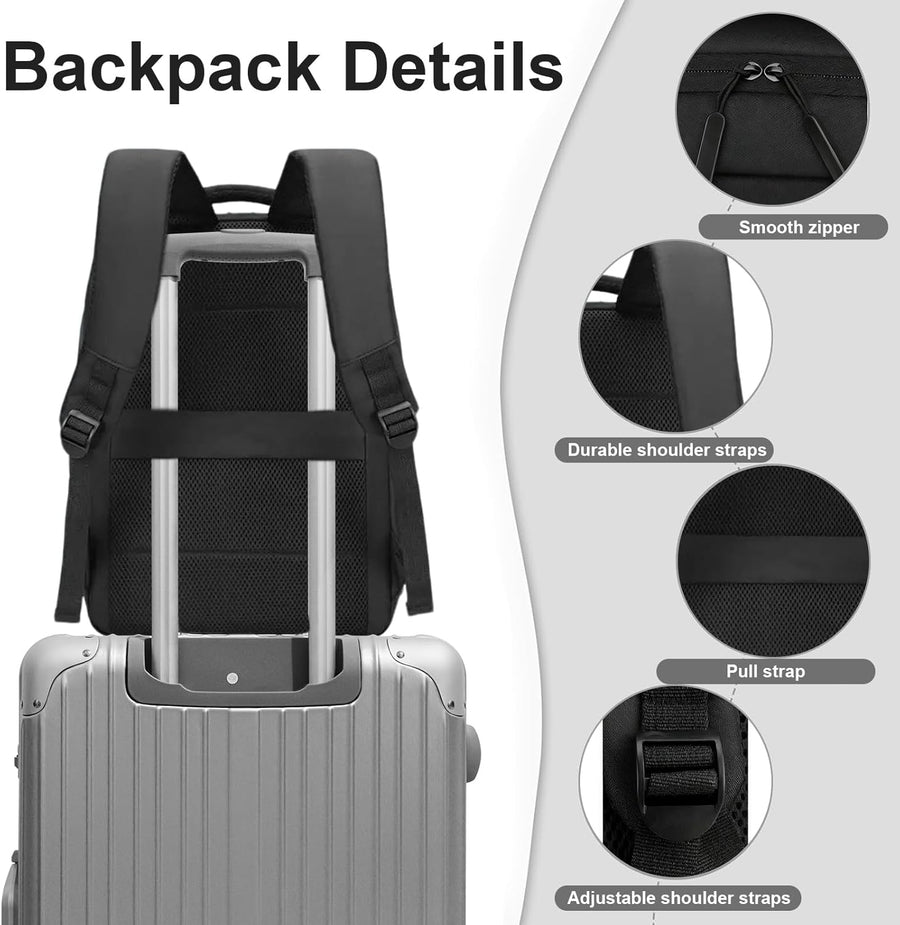 Sac à Dos pour Ordinateur Portable 16 Pouces, Port USB et Sangle pour Valise, Unisexe Étudiant Voyage, Sac Quotidien Enseignant Antivol en Noir