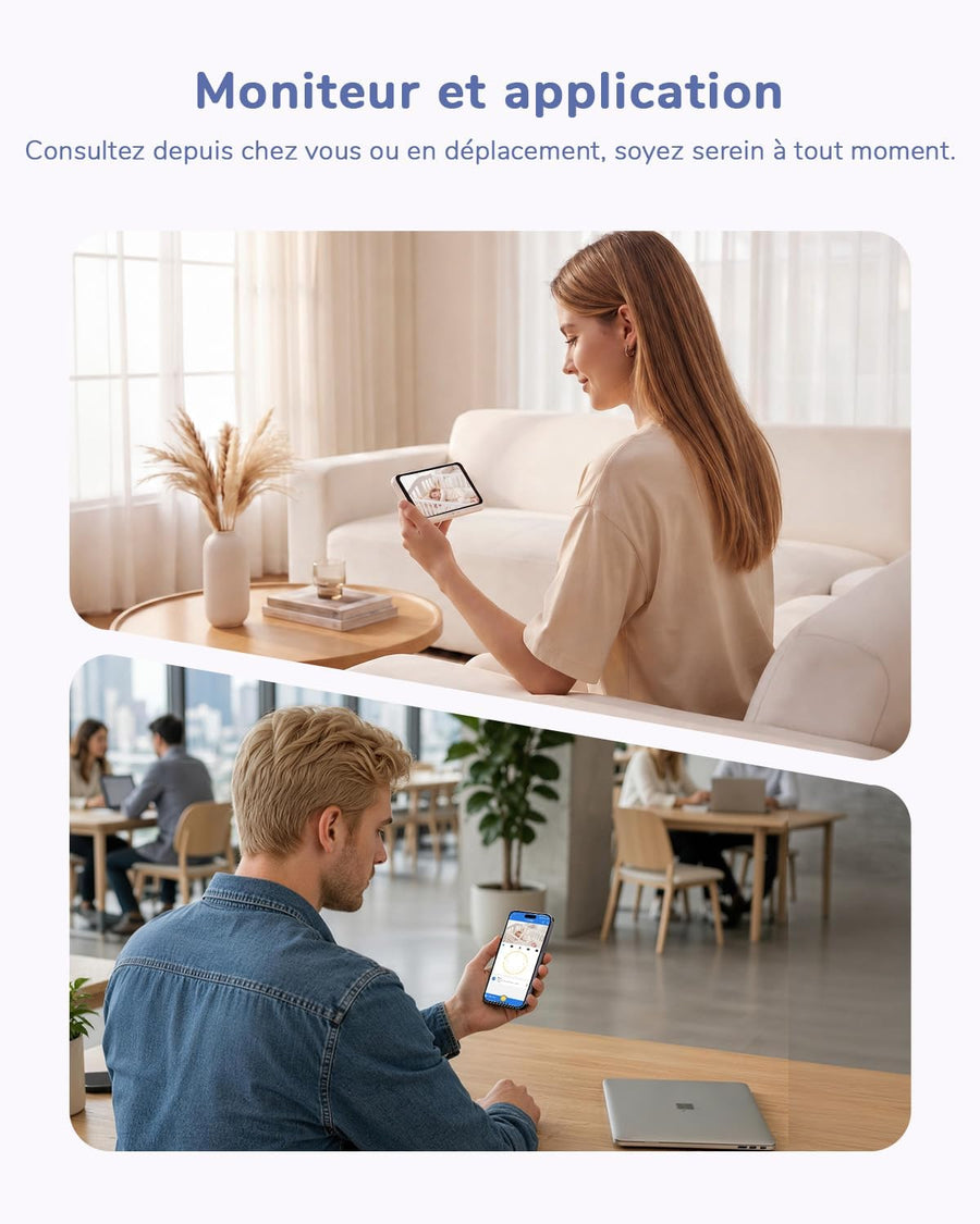 Écran Tactile 6.5" & Écran partagé, WiFi Babyphone Caméra, App, 360° Zoom à deux doigts & Zoom 5X, 4MP, HDR Vision Nocturne, Audio bidirectionnel, Détection des pleurs & température