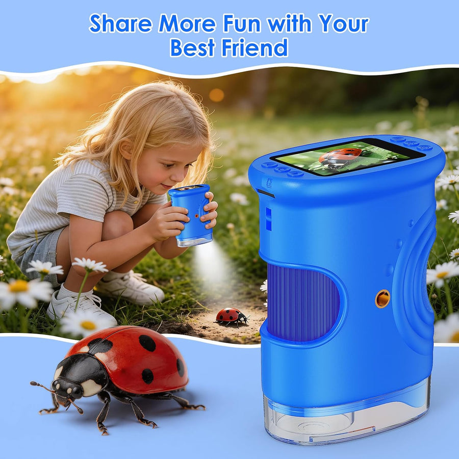 Microscope Enfant Portable 1000X – Microscope Numérique avec Écran IPS 2 Pouces et 8 LED, Fonction Photo & Vidéo, Jouet Scientifique BLEU