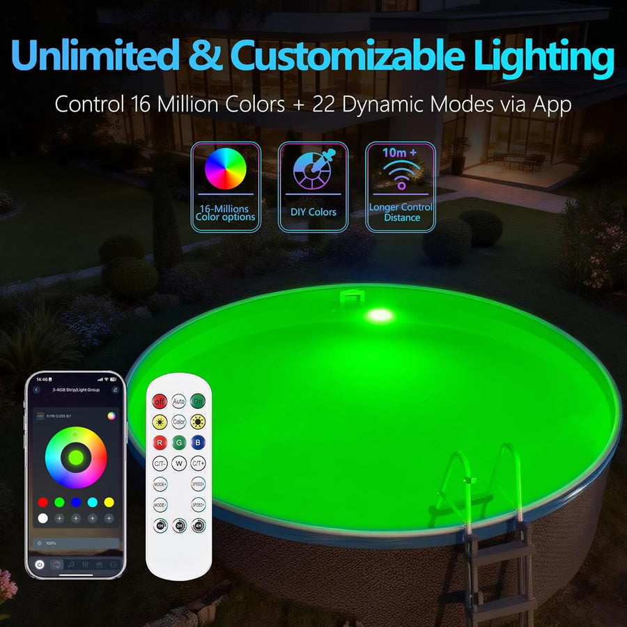 Projecteur Piscine LED 25W avec Filetage 2", 12V RGB Spot pour Piscines Hors-Sol Acier, Contrôle APP et Dimmable, Étanche IP68 Eclairage Lampe Remplie Résine pour Piscines avec Câble 9,5 m